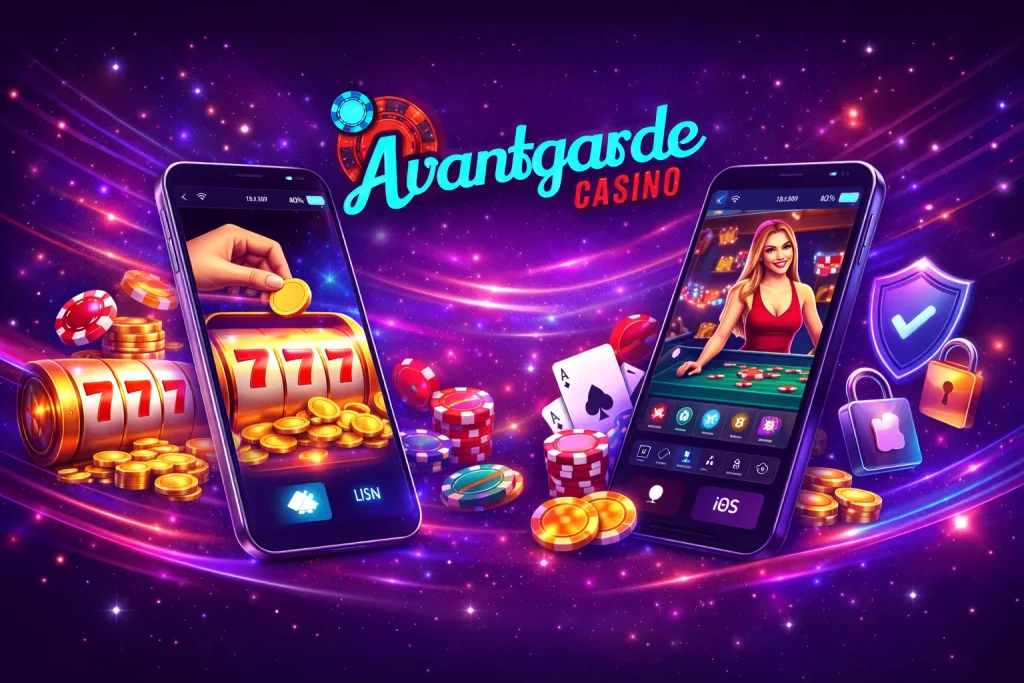 Avantgarde Casino mobile app interface illustration showing secure login access, game lobby navigation, and branded purple casino environment with logo