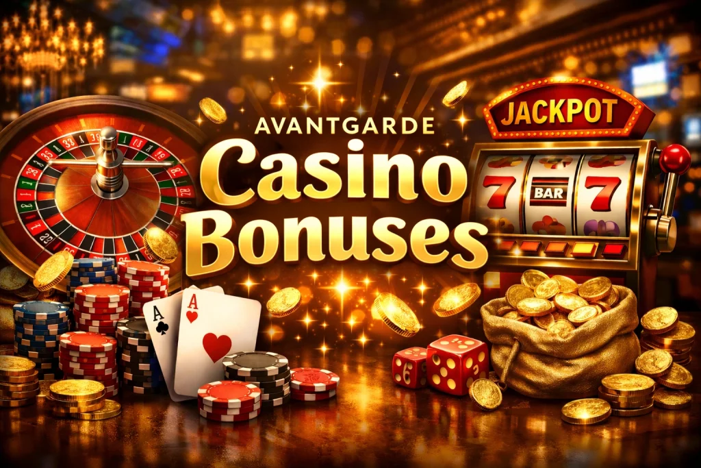 alt="Avantgarde Casino bonuses illustration featuring roulette wheel, slot machine, poker chips and gold coins in a luxury casino environment"
