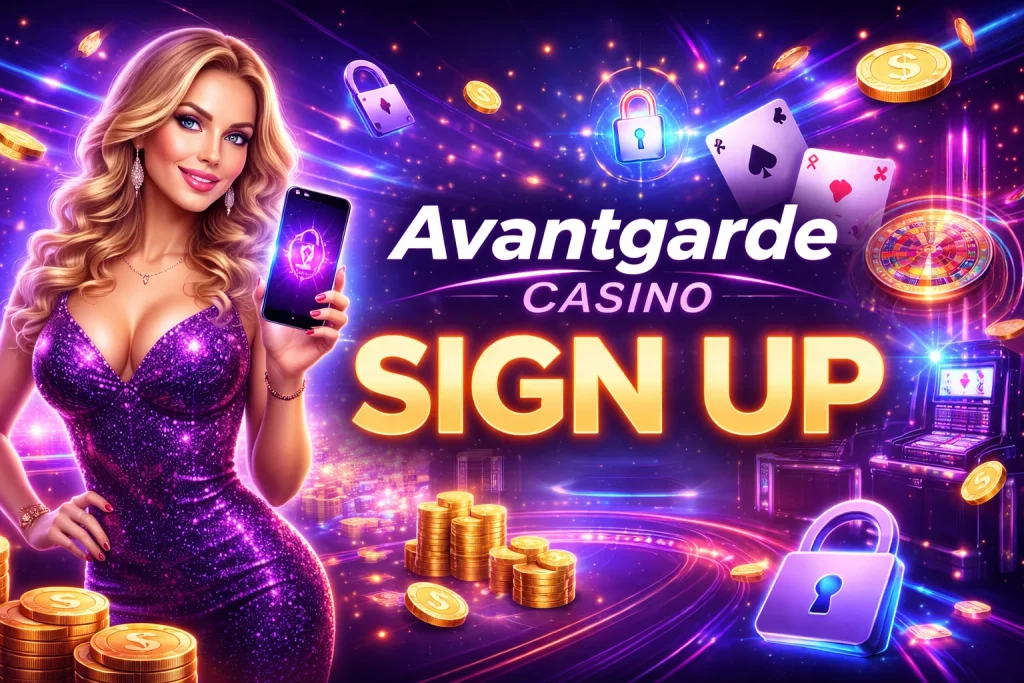 Avantgarde Casino sign up banner featuring account registration interface and casino logo
